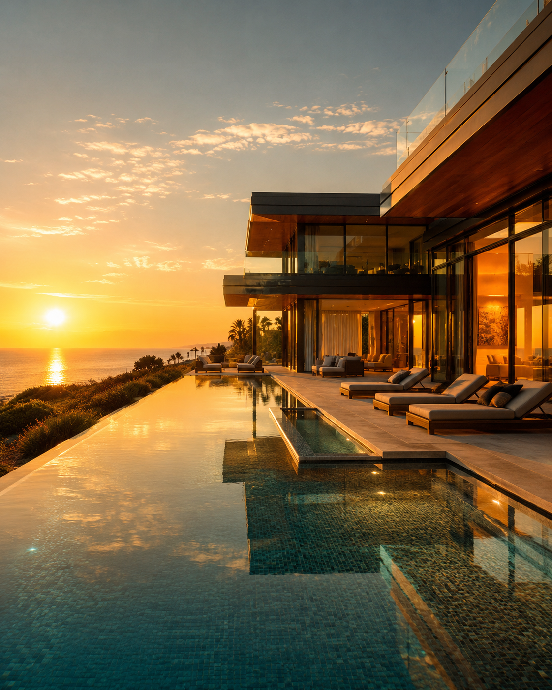 Cliff House, Malibu, oceanfront infinity pool at sunset