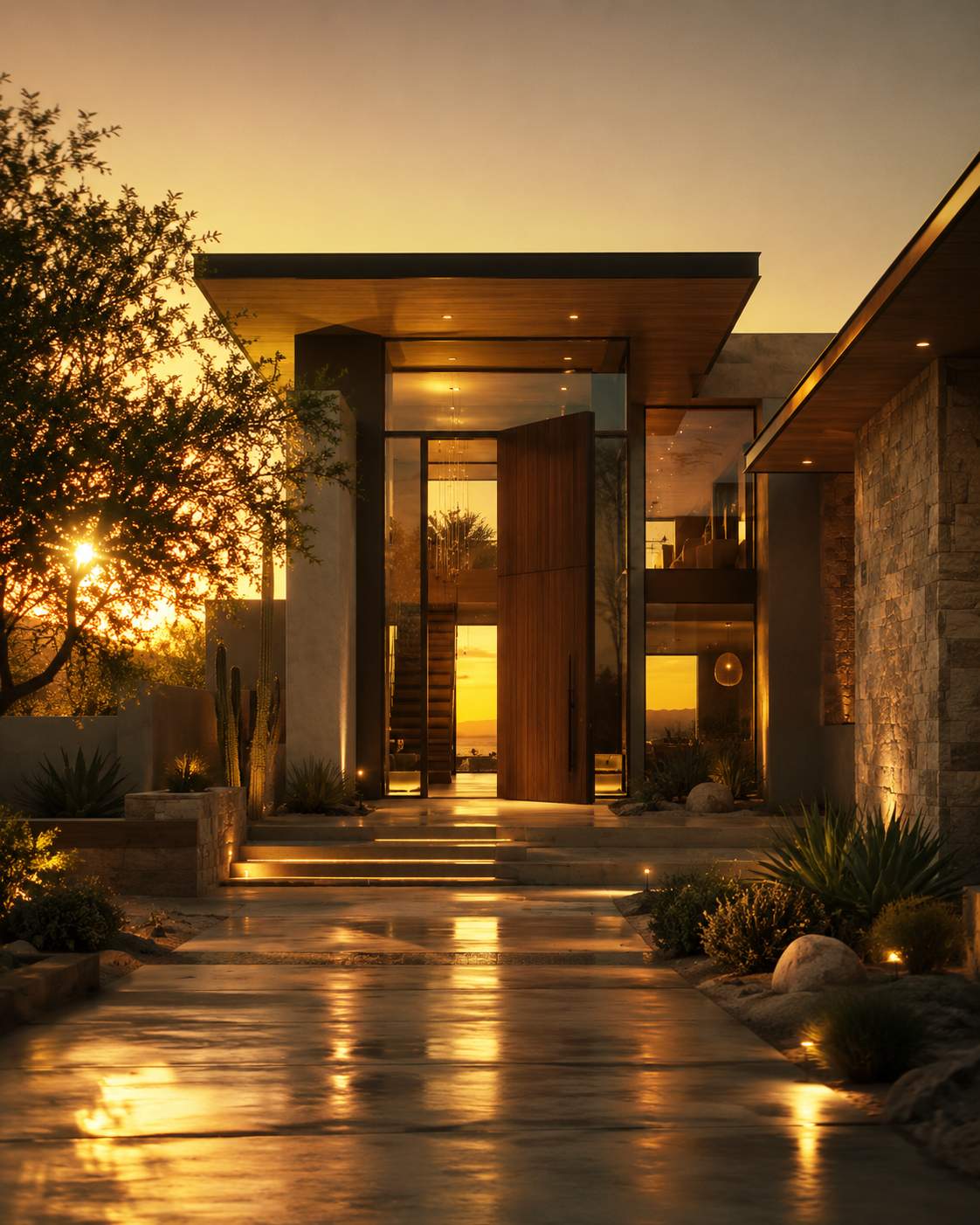 Stone & Glass, La Quinta, desert modern residence at golden hour