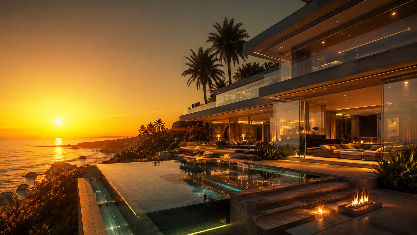 Oceanfront modern estate at sunset on the California coast