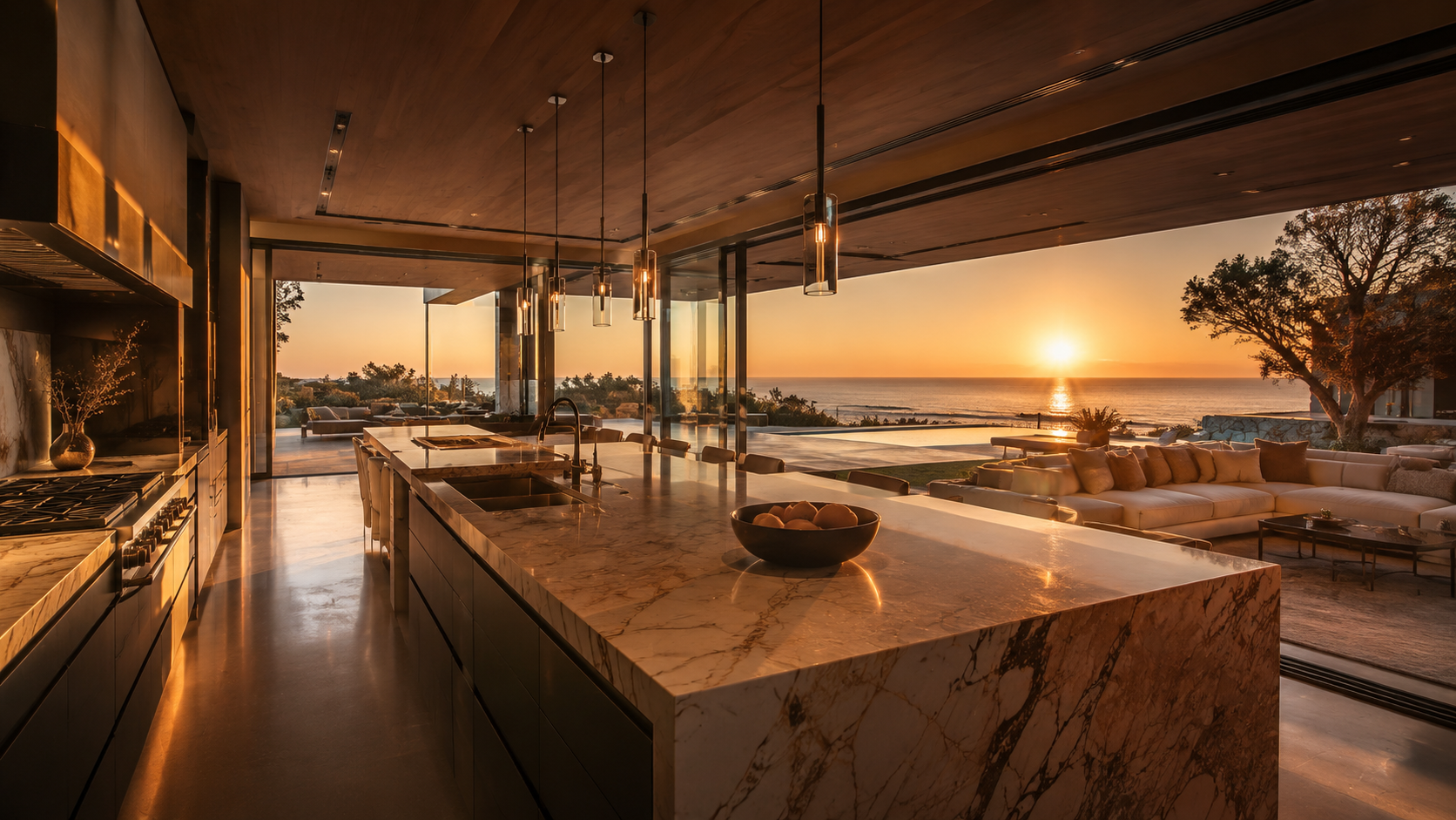 Marble island kitchen open to the ocean