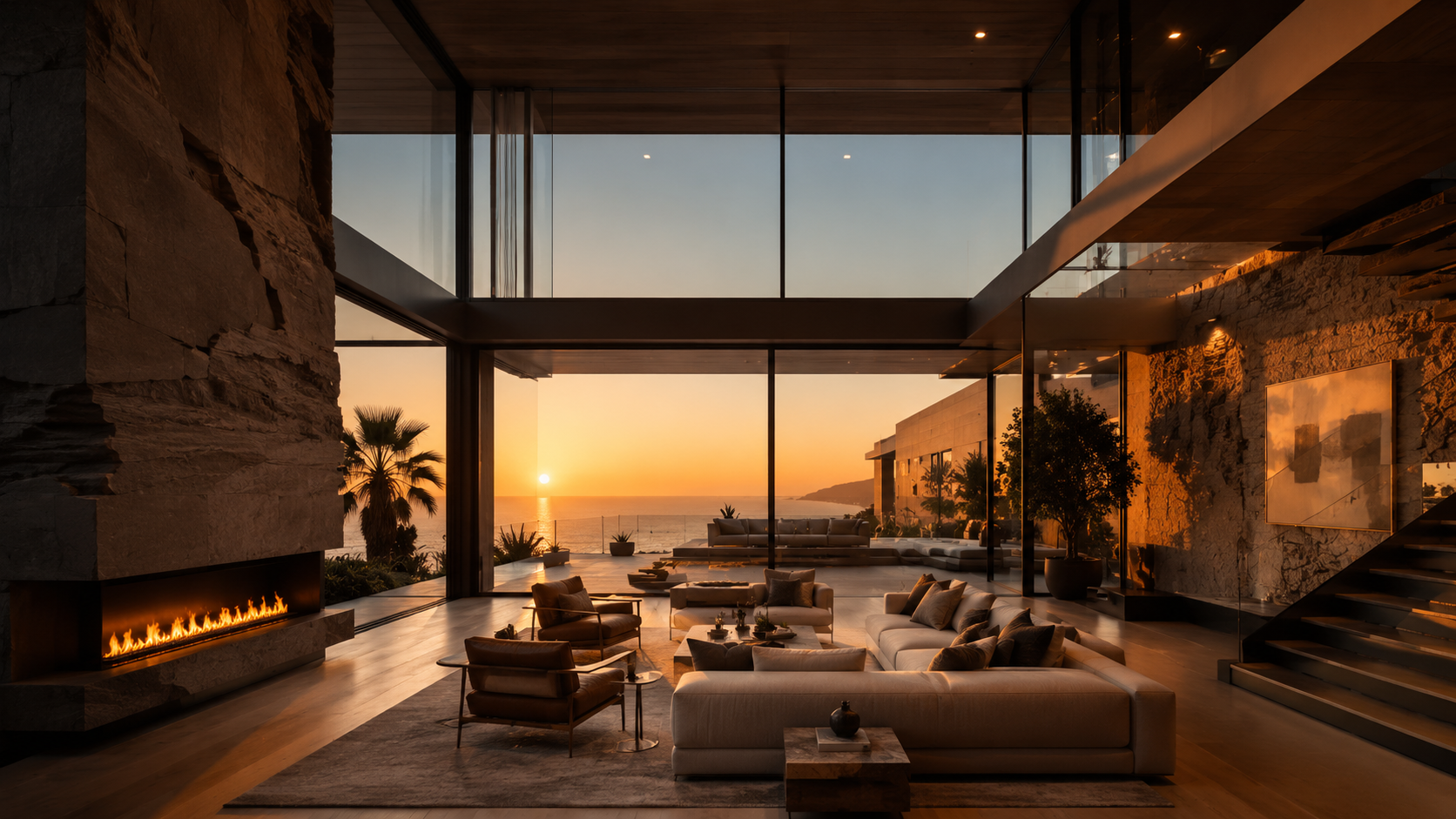 Great room with fireplace and ocean view