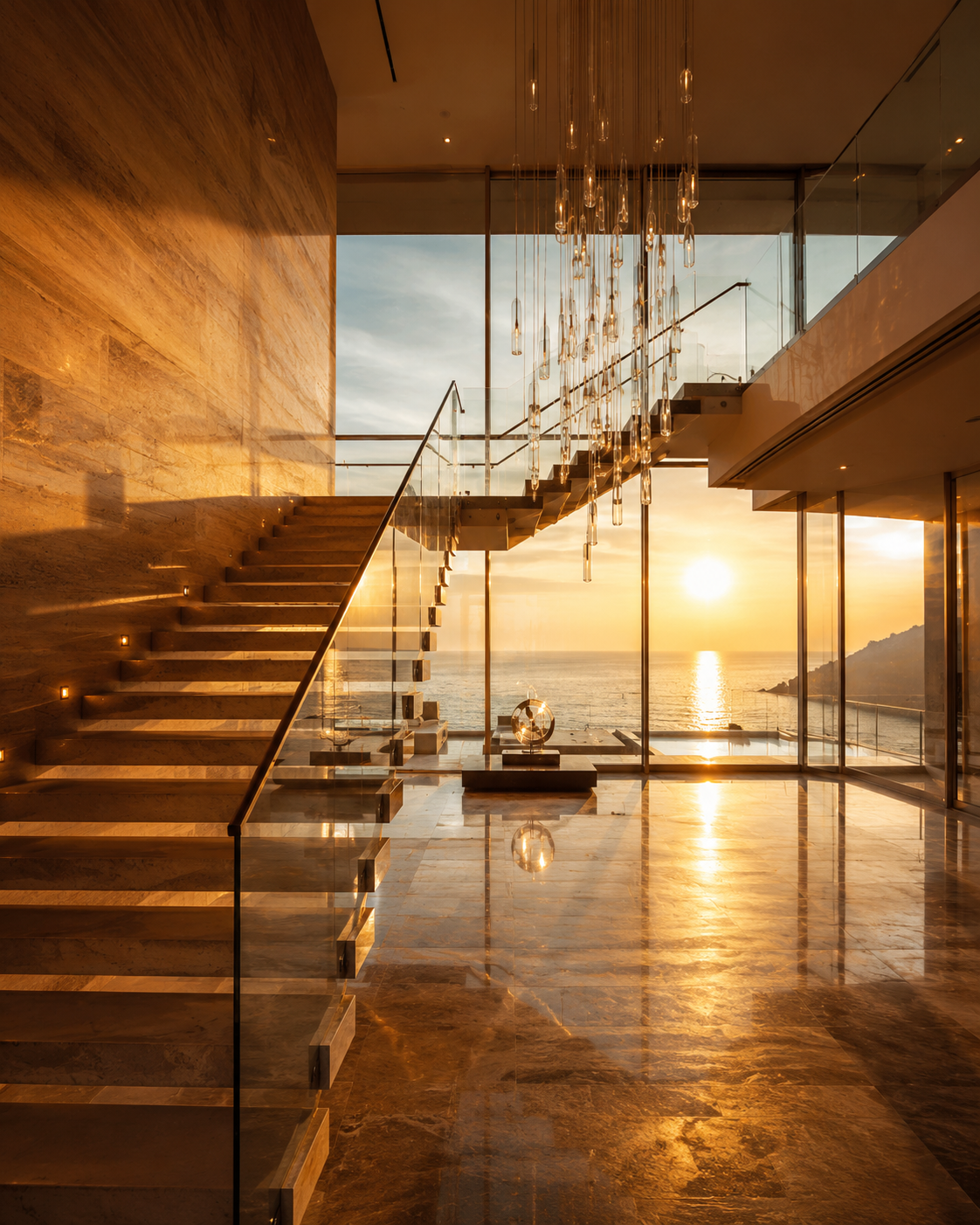 Floating stone staircase with cascading chandelier
