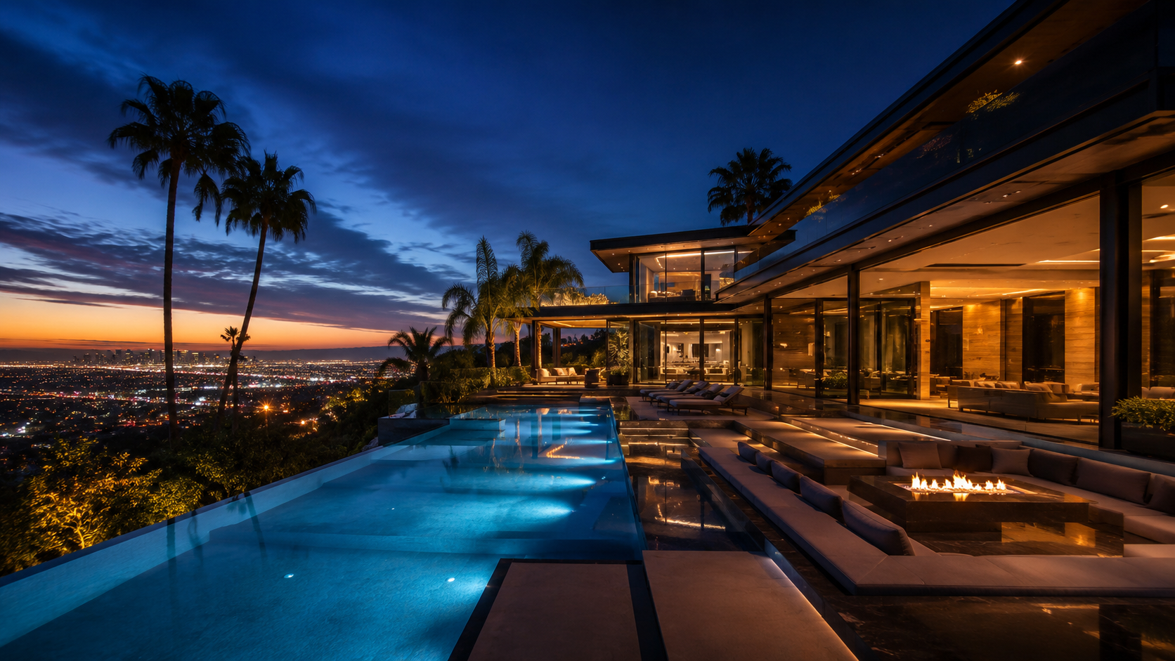 Skyline, Bird Streets, glass home over Los Angeles at blue hour