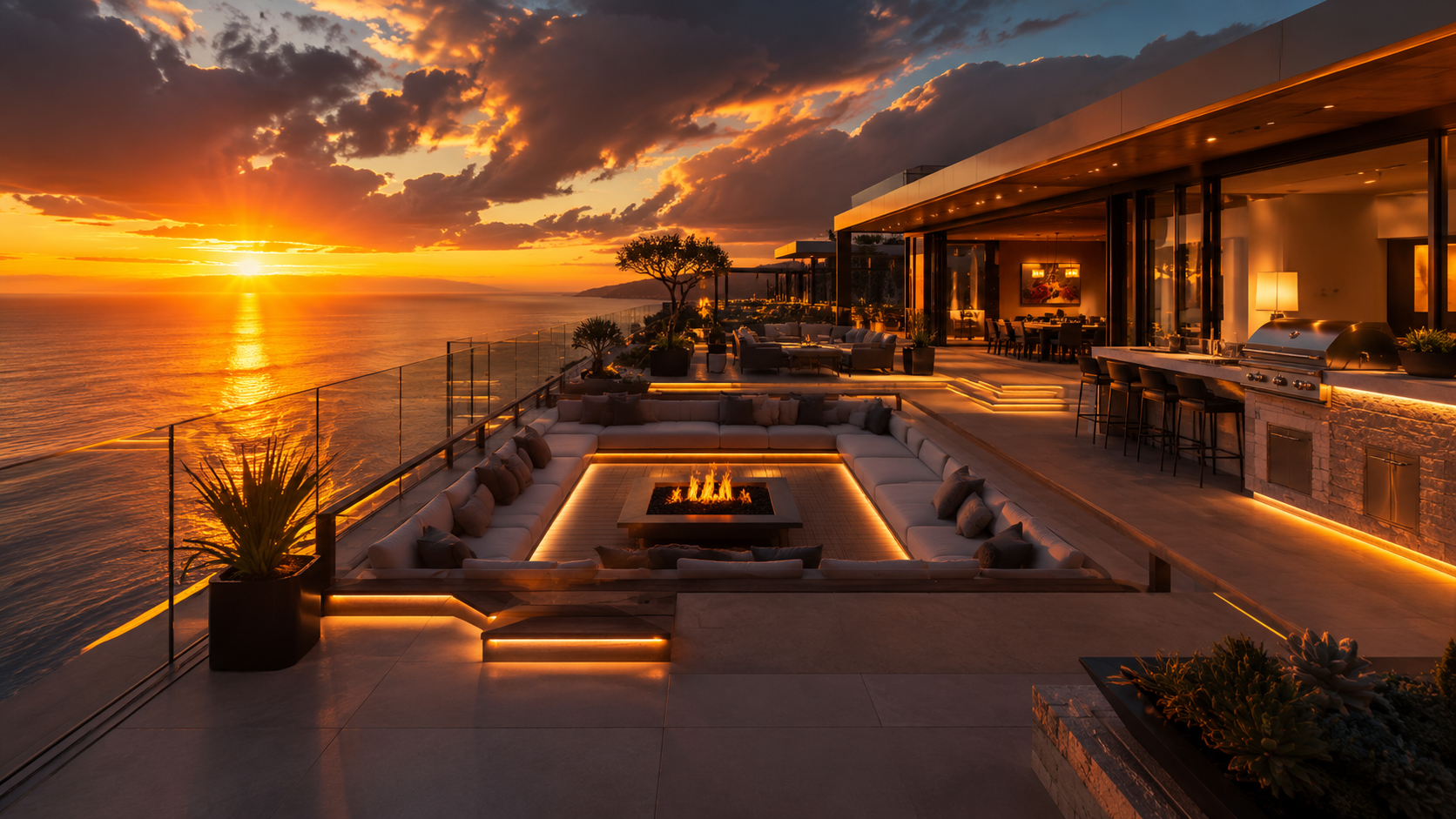 Sunken terrace lounge with fire pit over the ocean
