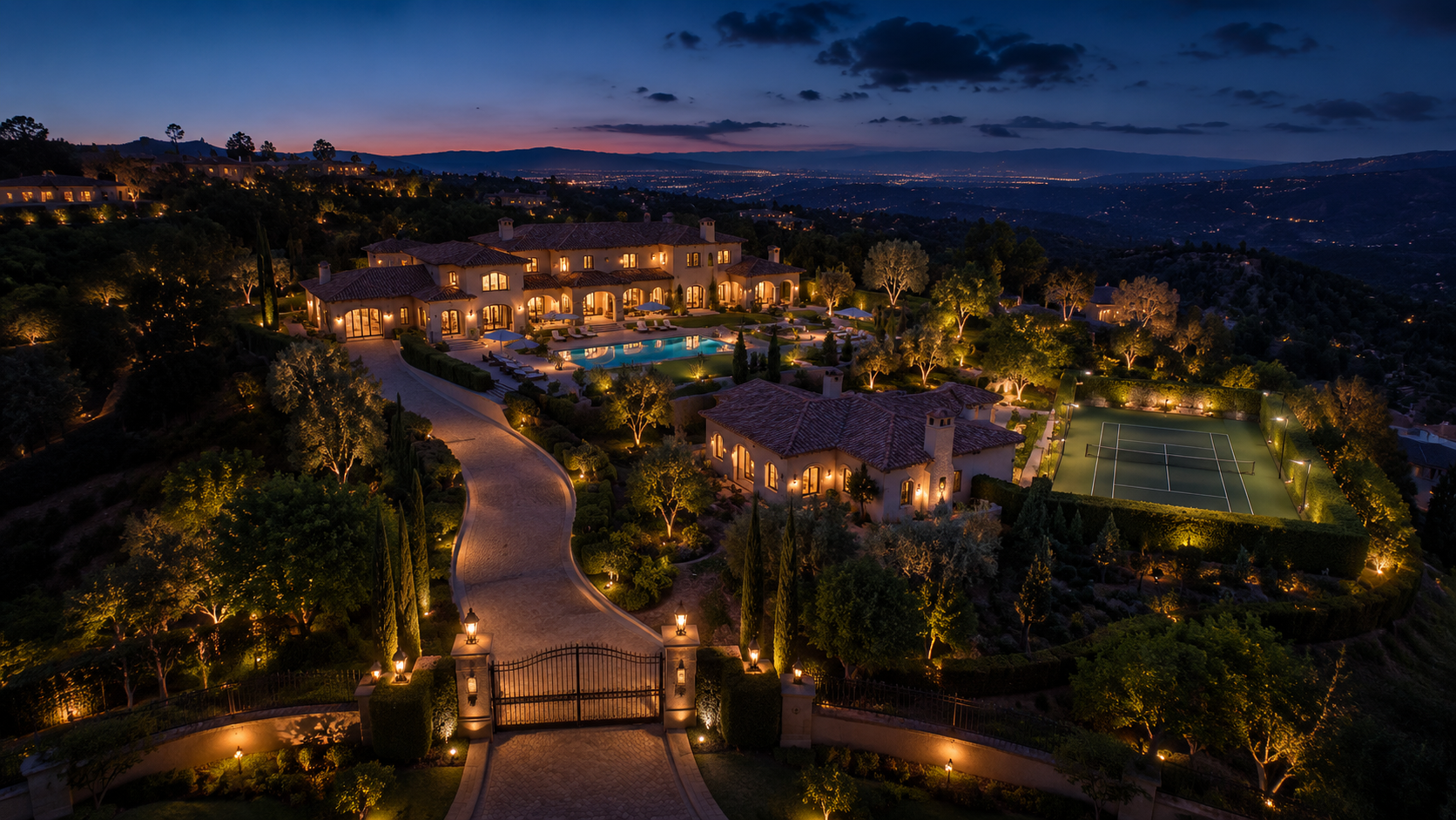 Villa del Sole, Montecito hilltop estate at twilight